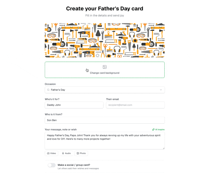 A screenshot of the Greeting Joy create page